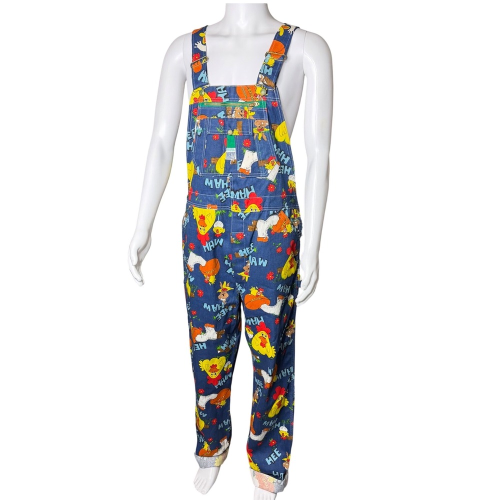 Liberty Overalls Hee Haw Cartoon Print Vintage 70s Denim Bibs Men 40x34 NOS